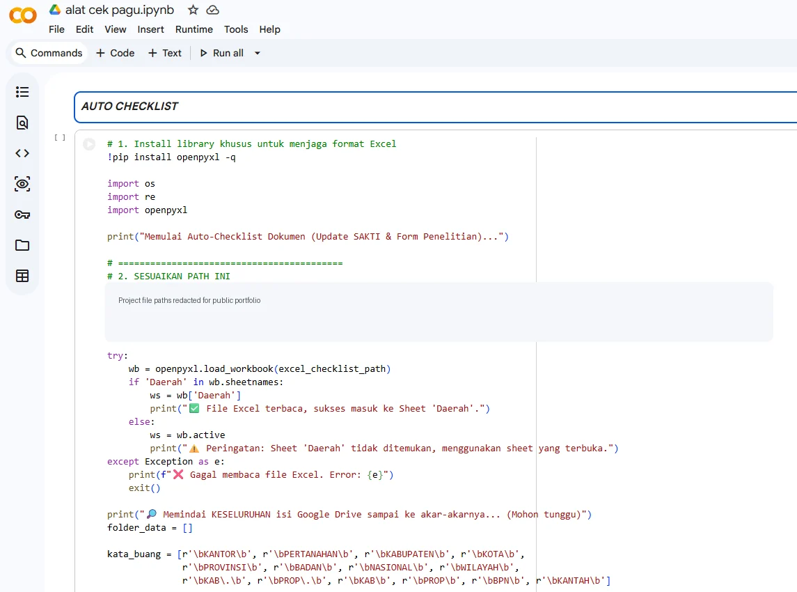 Google Colab notebook used for budget and document checking